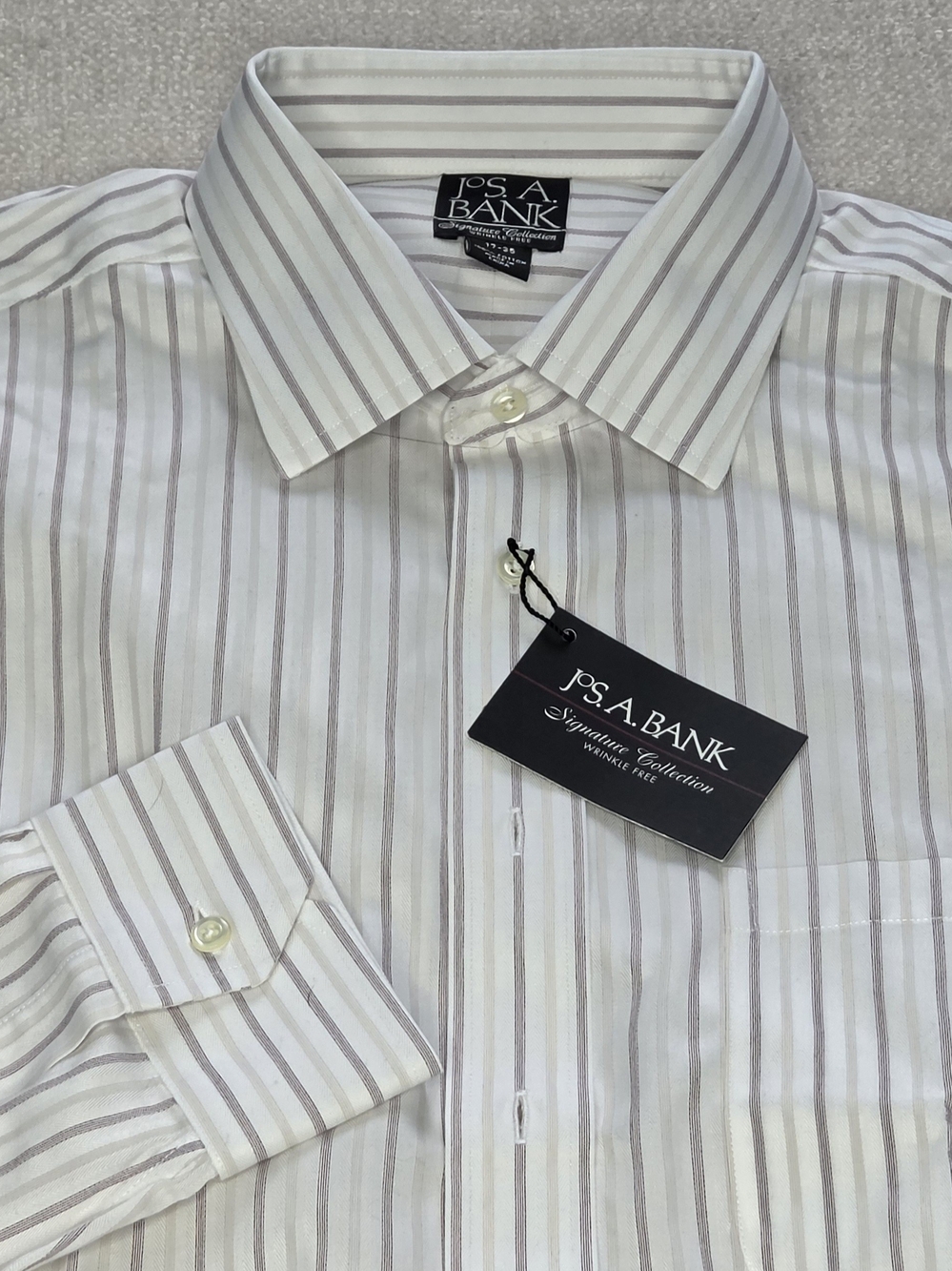 Jos A Bank Signature Dress Shirt Mens 17 35 NWT White Gray Stripe Wrinkle Free
